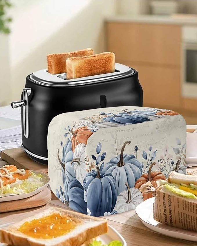 Blue Gray Pumpkin Fall Toaster Cover 2 Slice, Thanksgiving Botanical Dustproof Bakeware Oven Protector with Top Hook, Autumn Beige Waterproof Small Kitchen Appliance Toasters Dust Cover, 12"x7.5"x8"