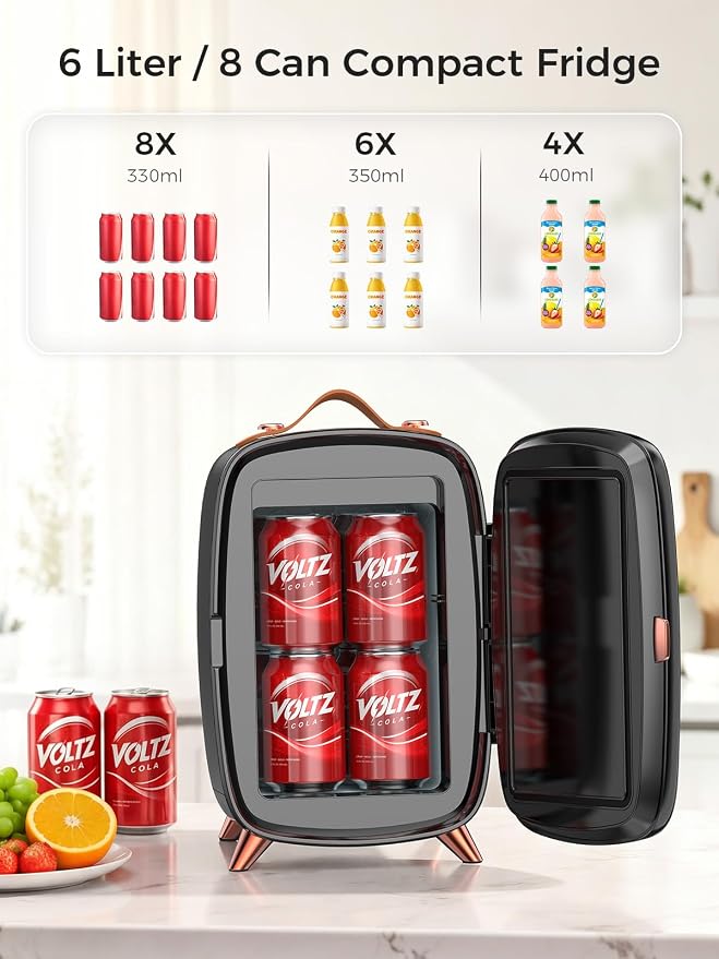 COWSAR Mini Fridge for Bedroom with Dimmable LED Light Mirror, 6 Liter/8 Can Skincare Fridge with Top Leather Handle, Portable Small Refrigerator Cooler for Cosmetic, Beverage and Food, Dorm, Office