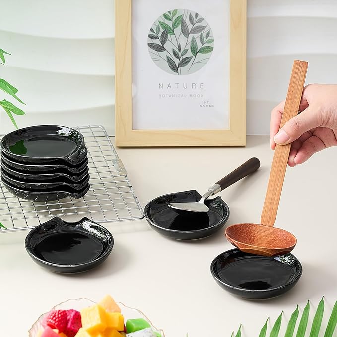 Irenare 8 Pcs Ceramic Spoon Rest for Stove Top, 3.74 Inch Porcelain Spoon Holder, Coffee Utensil Rest Heat Resistant Dishwasher Safe for Home Kitchen Accessories Gift(Black, White)