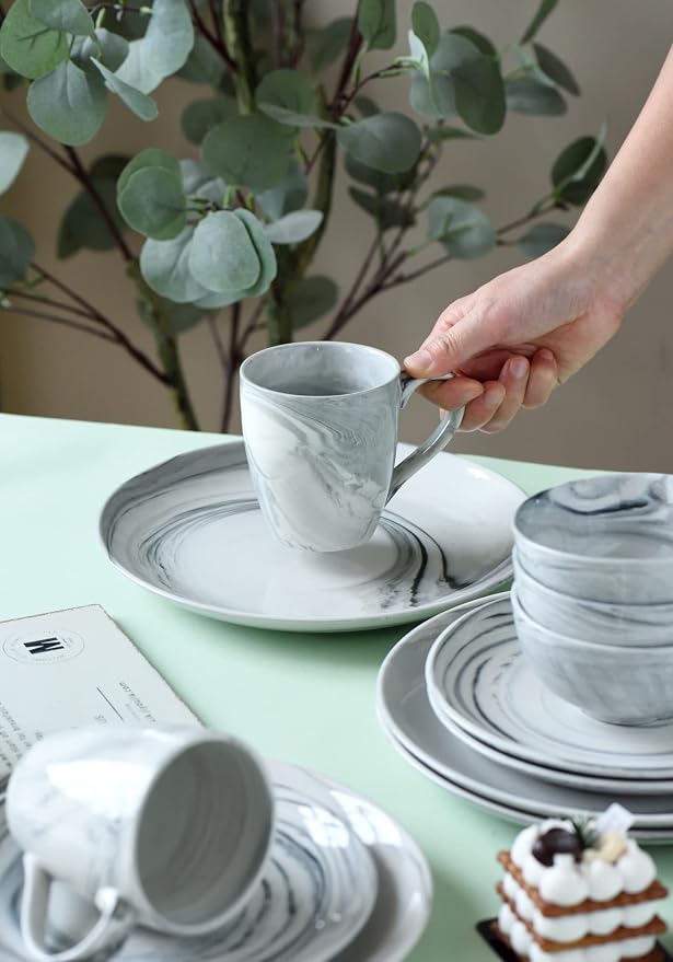 16 Piece Marble Dishes Dinnerware Sets, Marble Porcelain Dinnerware Set, Grey (4×Dinner Plates, 4×Dessert Plates, 4×Bowls, 4×Mugs, 16 Pack)