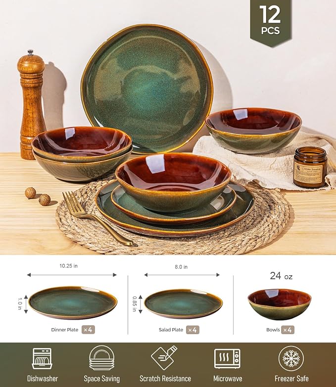 GBHOME Stoneware Dinnerware Sets for 4, 12 Pieces Rustic Earthenware Plates and Bowls Set, Handmade Reactive Glaze Ceramic Plate Sets, Chip Resistant Dishes, Microwave & Dishwasher Safe, Brown Green