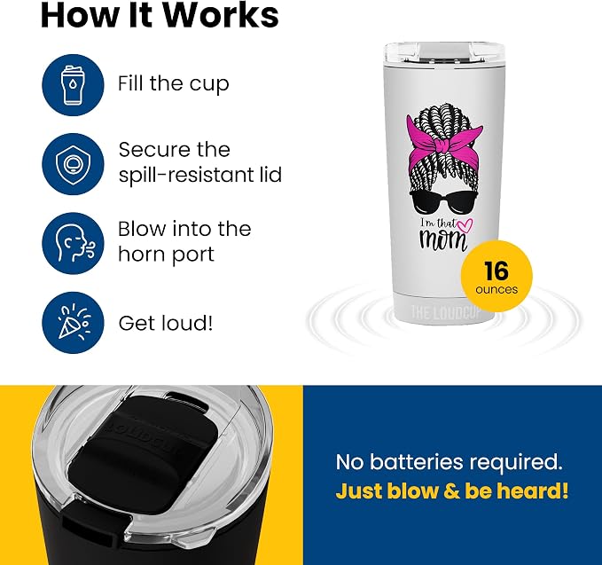 The LoudCup Blow Horn Tumbler, Cheer & Sip 2-in-1 Reusable Water Bottle with Built-In Horn for Sports Games, Tailgates, Parties & Events, BPA-Free, 16 oz, That Mom (Pink Bow)
