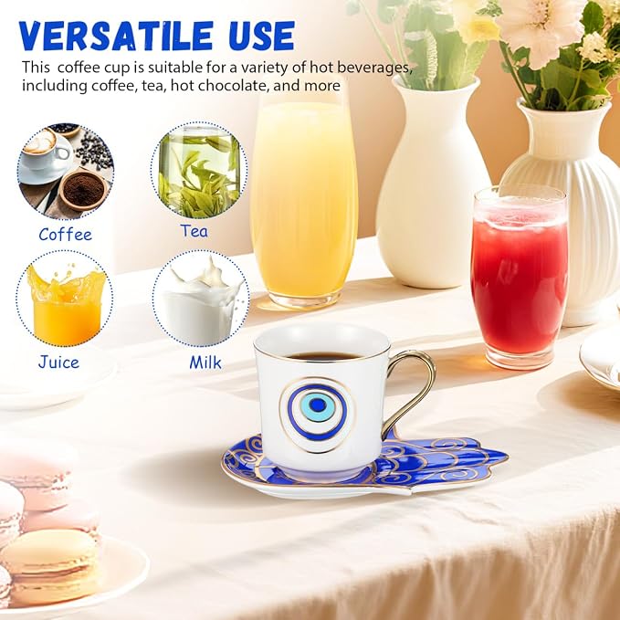 Kichvoe Evil Eye Coffee Mug with Saucer Set Ceramic Porcelain Tea Cup 4.13X2.95X2.95 Inch Microwave Dishwasher Safe for Home Office Beverage Milk Water