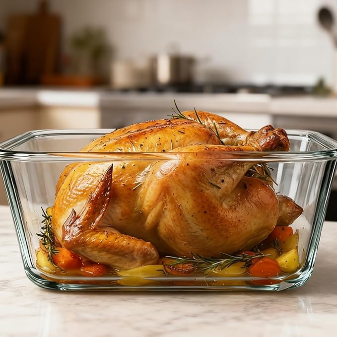 Extra Large Glass Storage Containers with Lids 220oz/6500ml/28cup | Silicone Mat Included | Borosilicate Glass | Airtight | Freezer Oven Dishwasher Safe | Rotisserie Chicken | XL Big Food Bowl