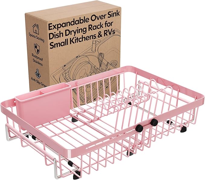 MAJALiS Pink Dish Drying Rack Over The Sink with Utensil Holder | Expandable Stainless Steel Dish Drainer for Small Kitchen, Apartment, RV, Counter Space Saving, Perfect Fit, Rustproof