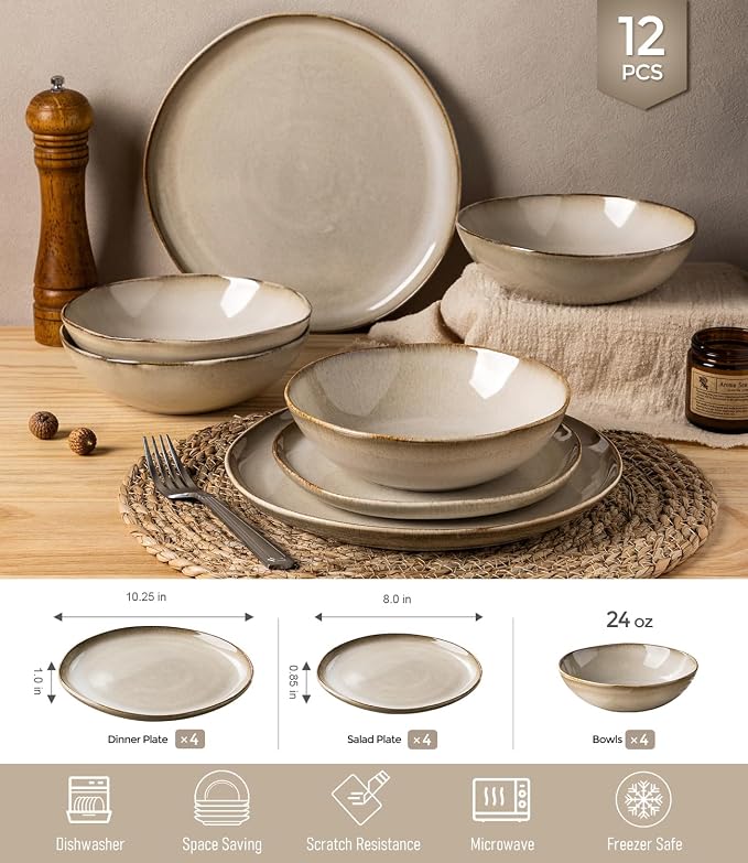 GBHOME Stoneware Dinnerware Sets for 4, 12 Pieces Rustic Earthenware Plates and Bowls Set, Handmade Reactive Glaze Ceramic Plate Sets, Chip Resistant Dishes, Microwave & Dishwasher Safe, Oatmeal Linen