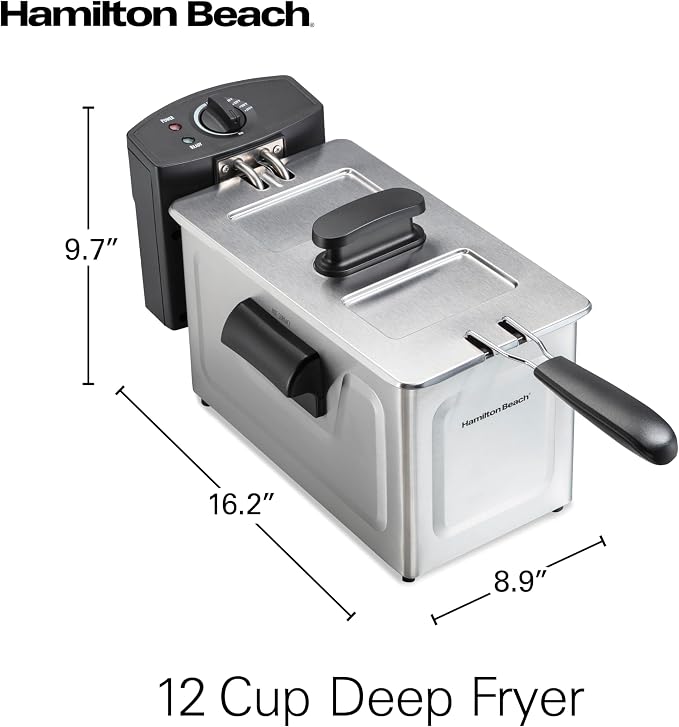 Hamilton Beach Professional Style Electric Deep Fryer With Basket | 3 Liter / 12 Cup Oil Capacity | 1500 Watts | Lid | Easy Detach Magnetic Cord | Stainless Steel | 35032