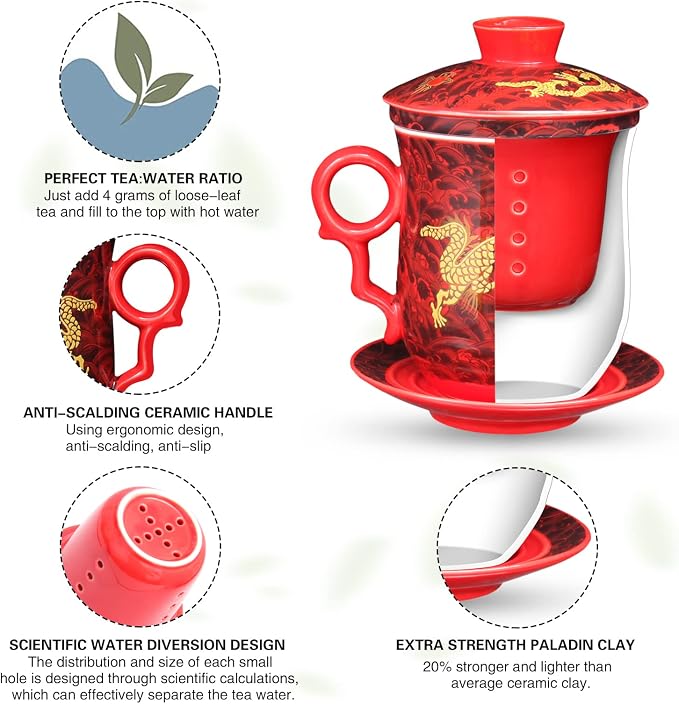 Chinese Dragon Pattern Tea-Mug with Strainer Infuser and Lid and Saucer Ceramic Tea Mug Convenient System Chinese Porcelain Personal Tea Cup 13.5 oz(380ml) - RED, TC400
