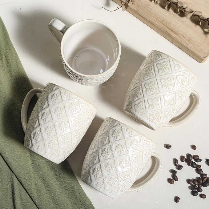 16OZ Ceramic Embossed Coffee Mugs Set, Large White Coffee Cups with Handles, Porcelain Mug Sets with Patterns for Milk, Tea, Latte, Cocoa, Mocha, Cappuccino, Dishwasher Safe, Cups Set Gift (4PCS)