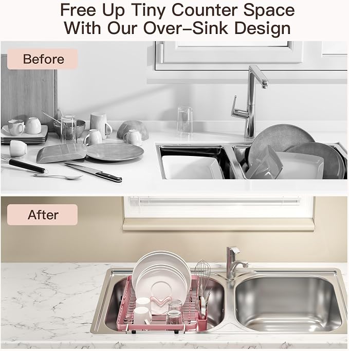 MAJALiS Pink Dish Drying Rack Over The Sink with Utensil Holder | Expandable Stainless Steel Dish Drainer for Small Kitchen, Apartment, RV, Counter Space Saving, Perfect Fit, Rustproof