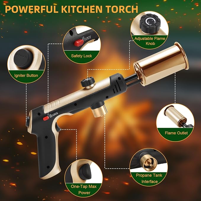 Powerful Propane Torch with One-Touch Max Fire, Adjustable Kitchen Torch with Safety Lock, Flamethrower, Blow Torch Gun for Grill, BBQ, Sous Vide, Campfire Starter (Tank Not Included)