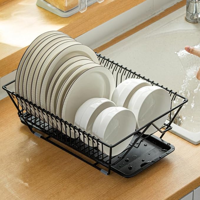Ipetboom Dish Drying Rack with Utensils Basket and Drainboard, Black Metal Kitchen Dish Drainer Holder for Countertop Storage Over Sink Use