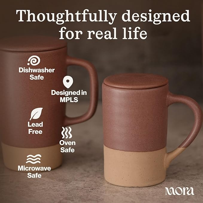 Mora Ceramics Tea Cup with Loose Leaf Infuser, Spoon and Lid, 12 oz, Microwave and Dishwasher Safe Coffee Mug - Rustic Matte Ceramic Glaze, Modern Herbal Tea Strainer - Great Gift for Women, Liquorice