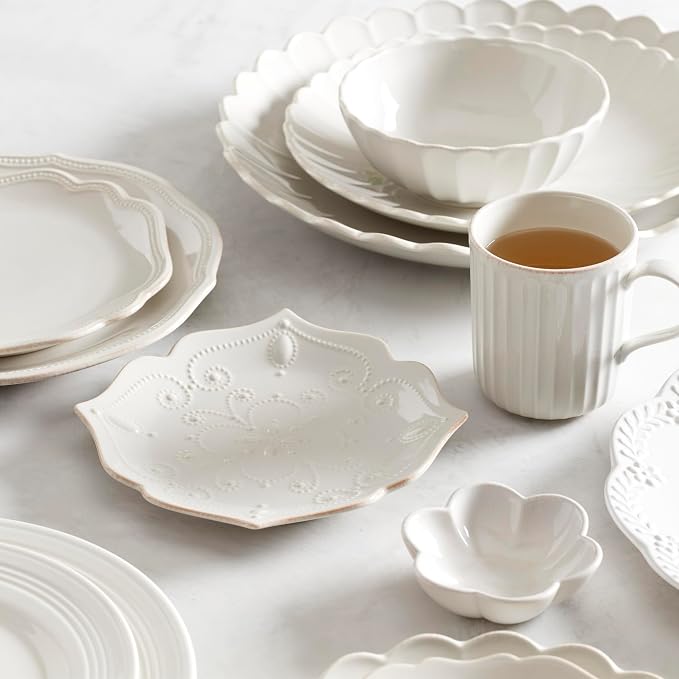 Lenox Dinnerware Sets, French Perle Scallop White 18-Piece Dinnerware Set, Service For 6, Stoneware Material, Dishwasher Safe, Microwave Safe, Bowls, Plates And Bowls, Dinner Dishes (White, 18 Piece)