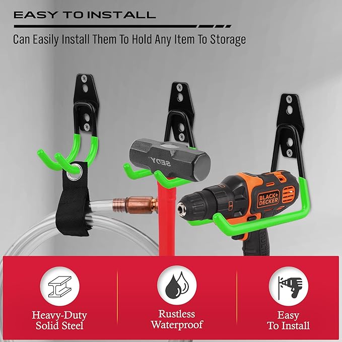 15-Piece Garage Wall Hooks with 3 Extension Straps, Green Heavy Duty Tool Storage Rack for Ladder, Bike, Shovel, Garden Tools, Metal Wall Mount Organizer Set