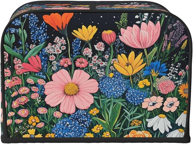 4 Slice Toaster Cover for Kitchen Wildflower Art Floral Black aterproof and Dustproof Toaster Dust Cover with Side Pockets Decorative Universal Cover for Wide Slot Toasters and Small Appliances