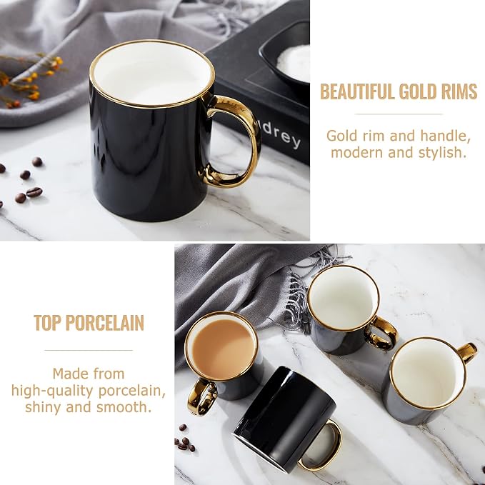 DUJUST Black Coffee Mug Set of 4(16oz), Modern & Stylish Design with Handcrafted Golden Trims, Black and Gold Cup Set for Coffee, Tea & Milk, Beautiful & Graceful Top Fine Porcelain Cups