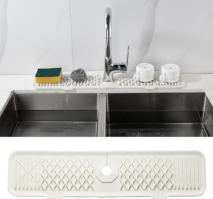 Kitchen Sink Splash Guard,24inch Silicone Draining Mat White Cream Longer Silicone Faucet Handle Drip Catcher Tray Kitchen Sink Splatter Screen for Kitchen