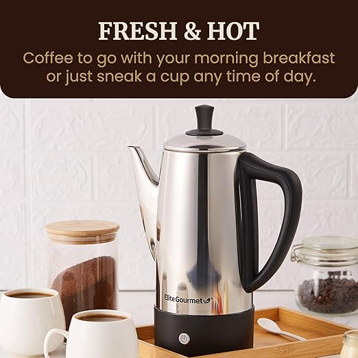 Elite Gourmet 12-Cup Electric Coffee Percolator, Dishwasher Safe Stainless-Steel Filter, Lid & Tube, Keep Warm, 360° Swivel Base Cord-less Serving, Stainless-Steel