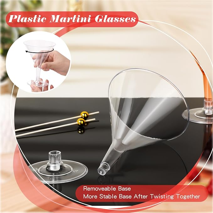 Irenare 100 Pcs 7 oz Plastic Martini Glasses and Cocktail Picks Set Disposable Clear Cocktail Dessert Glasses Unbreakable Mini Cups for Wedding Party Wine Appetizers Food