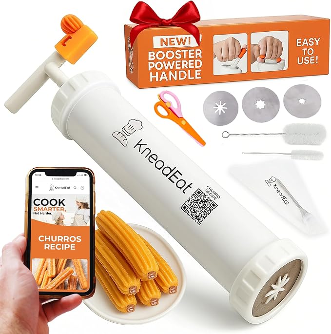 KneadEat Churro Maker - Churreera Kit With Booster-Powered Handle - Piping Bag with Filler Needle And QR Recipe For Filled Churros At Home And Baking Projects With Kids - 3-nozzles