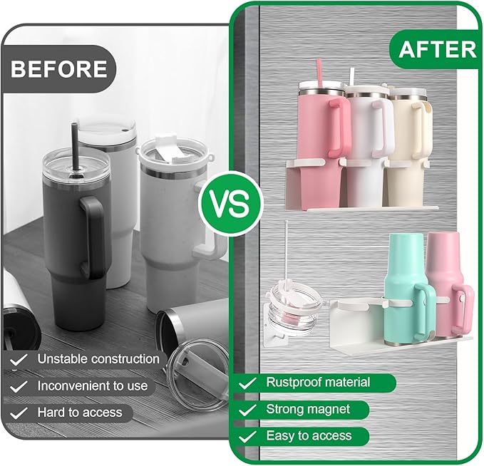 Magnetic Cup Holder Compatible with Fridge Magnetic Tumbler Holder Tumbler Lid Organizer for Refrigerator Compatible with Cup 30&40 oz Water Bottle Rack Accessories(White)
