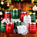 Ziliny 12 Pcs Christmas Wine Tumbler Set, 12 Oz Stainless Steel Double Wall Vacuum Insulated Coffee Mug Stemless Xmas Wine Glasses With Lid Straw Brushes for Women Friends Men Travel Gifts (Texts)