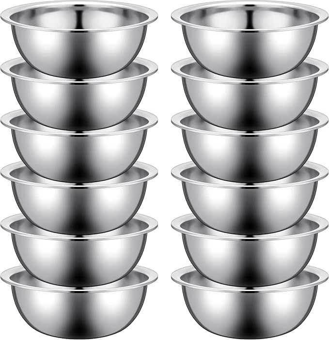 Pinkunn 12 Pcs Stainless Steel Mixing Bowls, Nesting Metal Salad Prep Bowls Bulk Reusable Baking Food Container Large Medium Small for Kitchen Hotel Restaurant Cooking, Silver (8.66 x 3 Inch)