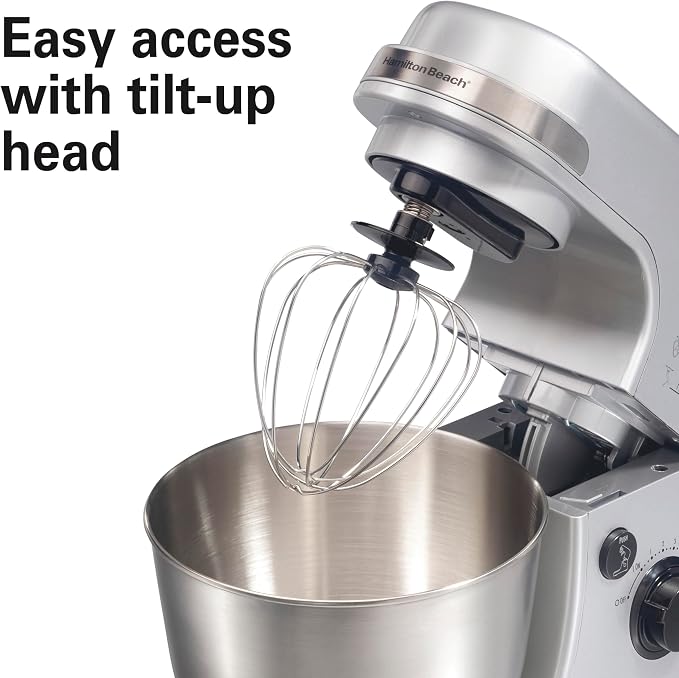 Hamilton Beach Electric Stand Mixer, 4 Quarts, Dough Hook, Flat Beater Attachments, Splash Guard 7 Speeds with Whisk, Silver | Planetary Mixing For Full Bowl Coverage | Splash Guard | 300 Watts | Whisk, Flat Beater, Dough Hook | Silver