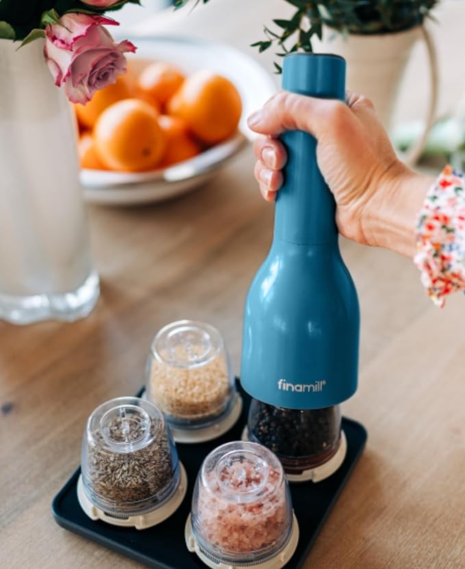 FinaMill Classic Battery Spice Mill – Battery Operated Salt and Pepper Grinder Set, Includes 2 Interchangeable Spice Pods, Adjustable Coarseness, Ceramic Grinder, LED Light, Home and Kitchen Gift Set