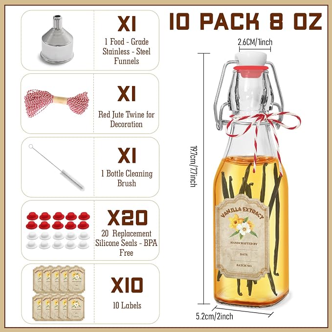 10 Pack Swing Top Glass Vanilla Extract Bottles 8 oz with Lids, Vanilla Labels & Funnel, Boston Square Bottles for Homemade Syrup, DIY Gifts, Flip Top Jars for Extract