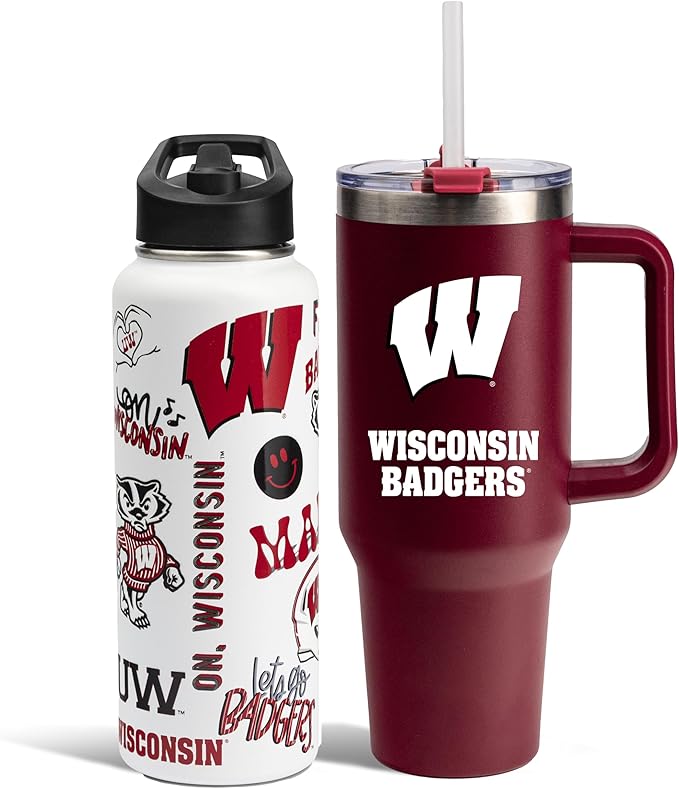 The Memory Company Officially Licensed NCAA 2-Pack Stainless Steel Tumbler Set, 34oz Team Spirit Water Bottle & 40oz Game Day Tumbler with Lid and Straw, BPA-Free Materials, Convenient Straw Design