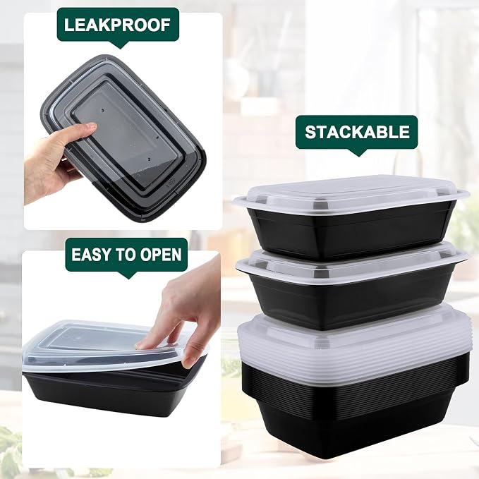 Meal Prep Containers 38 OZ, Plastic Food Prep Containers with Lids, BPA-Free, Stackable, Microwave, Dishwasher Safe Disposable To Go Container for Meal Plan, 50-Pack