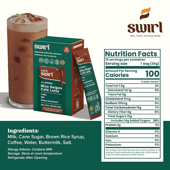Swirl - Miss Saigon Cafe Latte - Vietnamese Inspired Espresso, Milk Blend, Single Serve, Smooth, Sweet, Balanced, No Fridge - 38g per pack 10 packets