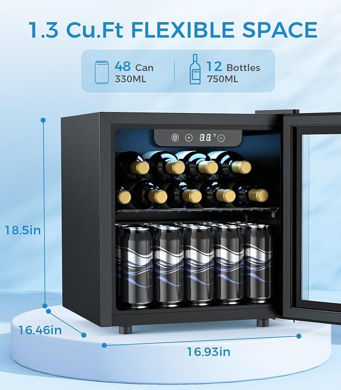 Electactic 48 Can Beverage Refrigerator Mini Fridge Cooler Glass Door for Beer Soda or Wine, Small Drink Cooler Machine LED Temperature Control for Bar Home, Office 1.3CUFT