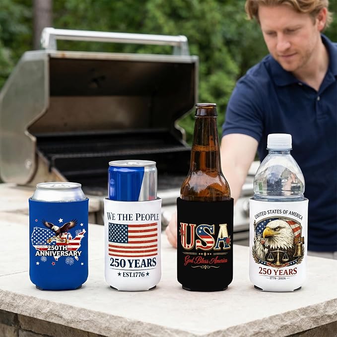 12 Pack 250 Years America Can Cooler Sleeves, Vintage 250th Anniversary USA Patriotic Neoprene Drink Holder for Memorial Day Independence Day 4th of July Party Favors Decorations Gifts