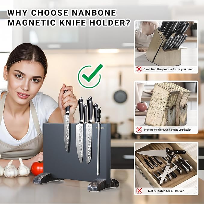 Black Magnetic Knife Block Stand Without Knives Black Double Sided Magnetic Knife Holder Rack for Kitchen Counter Stainless Steel Knife Magnetic Strip Display Stand Storage Organizer