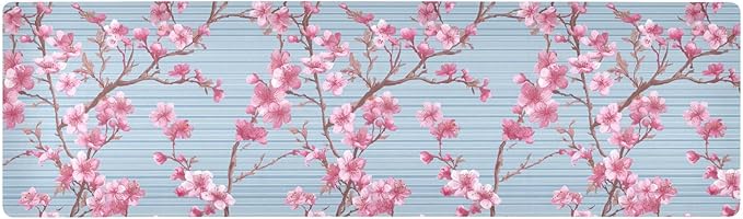 2-in-1 Table Runner Trivet for Hot Dishes Heat Resistant Hot Plate Mat Pad 39x12 Inch Waterproof Table Protector Trivets for Countertop Non Slip Decorative Blue Stripes Cherry Blossom