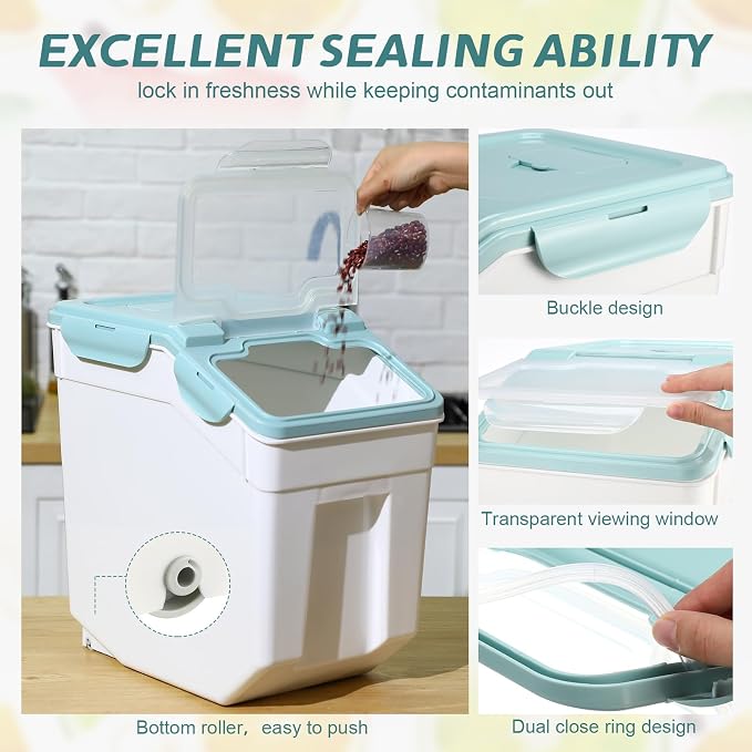 Sunnyray Flour Storage Container Bin,Rice Storage Containers with Wheels Seal Locking Lid, BPA Free with Measuring Cup Scoop for Rice Grain Pet Food Flour (55 Lbs,Blue,6 Pcs)