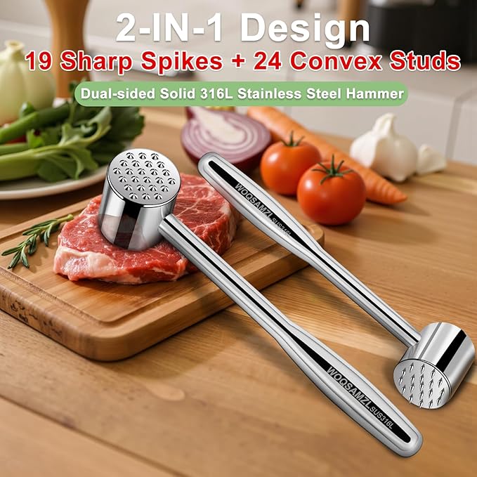 2-in-1 Real 316L Stainless Steel Meat Tenderizer Mallet Hammer, Professional Meat Pounder with 19 Sharp Needle Spikes, Dual-Sided Heavy Duty 1.09lb Versatile Kitchen Tool,Solid & Dishwasher Safe