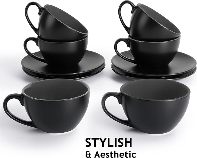 MIAMIO - Set of 6, Ceramic Stackable Cappuccino Cups Set / 6 Ounce Cappuccino Mugs and Saucer with Metal Stand for Coffee Drinks, Cafe, Latte, Americano and Tea - Le Papillon Collection (Black)