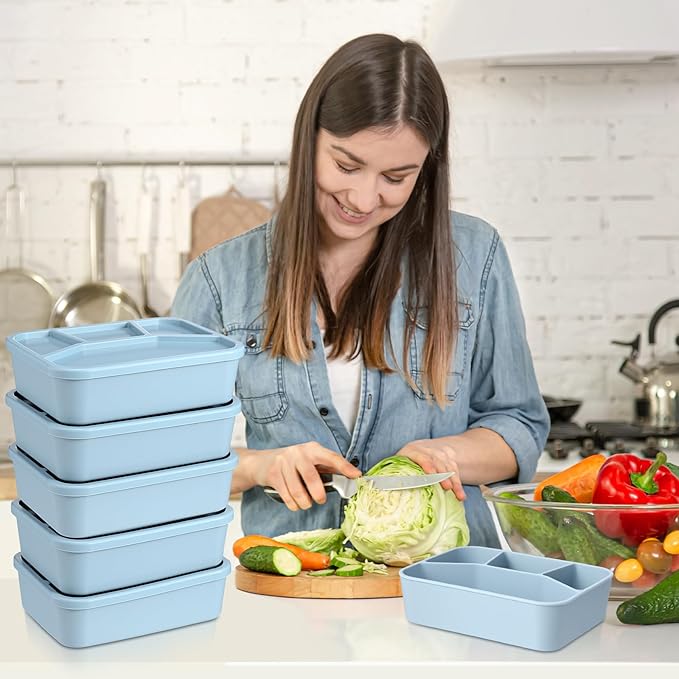 Honeydak 6 Pcs Silicone Bento Box Reusable Lunch Container 4 Compartment Snack Boxes with Lid Smooth LeakProof Rectangle Food Boxes for Adult Work Travel Food Storage (Blue)