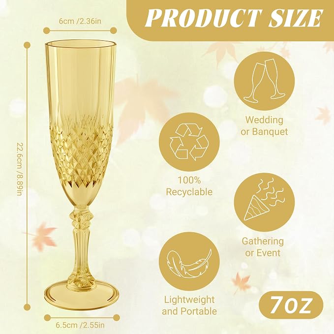 Plastic Champagne Flutes, Champagne Glasses Bulk, Reusable Unbreakable Acrylic Wine Glasses Goblets for Weddings Bachelor Parties Toasting Bridal Shower (24, Gold)