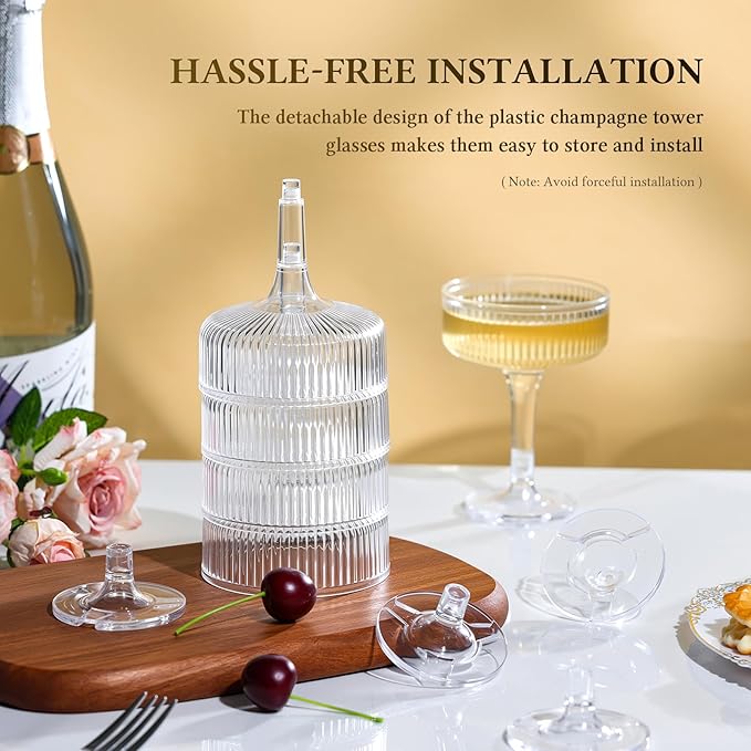 Goodluck 4-Tier Champagne Glasses - 20 PCS 7oz Clear Plastic Champagne Flutes, Plastic Coupe Glasses with Vertical Stripes for Weddings, Celebrations, Parties & Birthdays