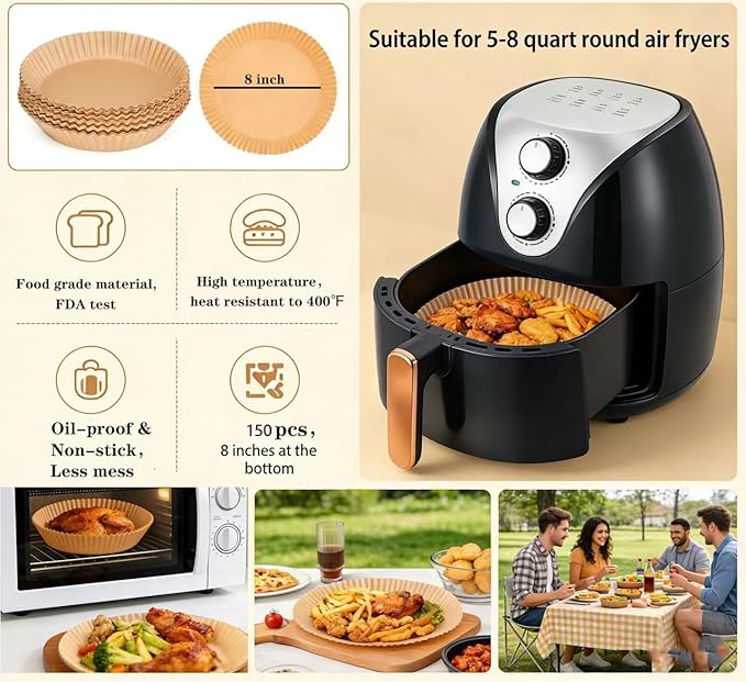M-bestl Round Air Fryer Liners Disposable for Ninja 5-8 QT,150 pcs Parchment Paper Liners for Air Fryer,Non-stick&Oil-proof for Cleanup of Baking Roasting Microwave Easily (8inch,Round)