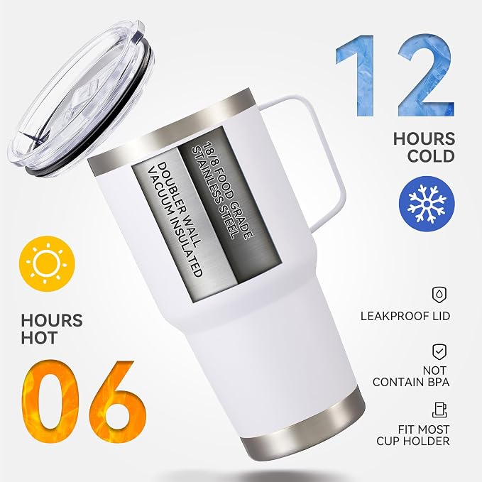 30 oz Tumbler with Handle and Lid, Stainless Steel Tumblers Bulk Double Wall Vacuum Insulated Travel Mug Leak Proof Cup Keep Drinks Cold and Hot White, 8 Pack