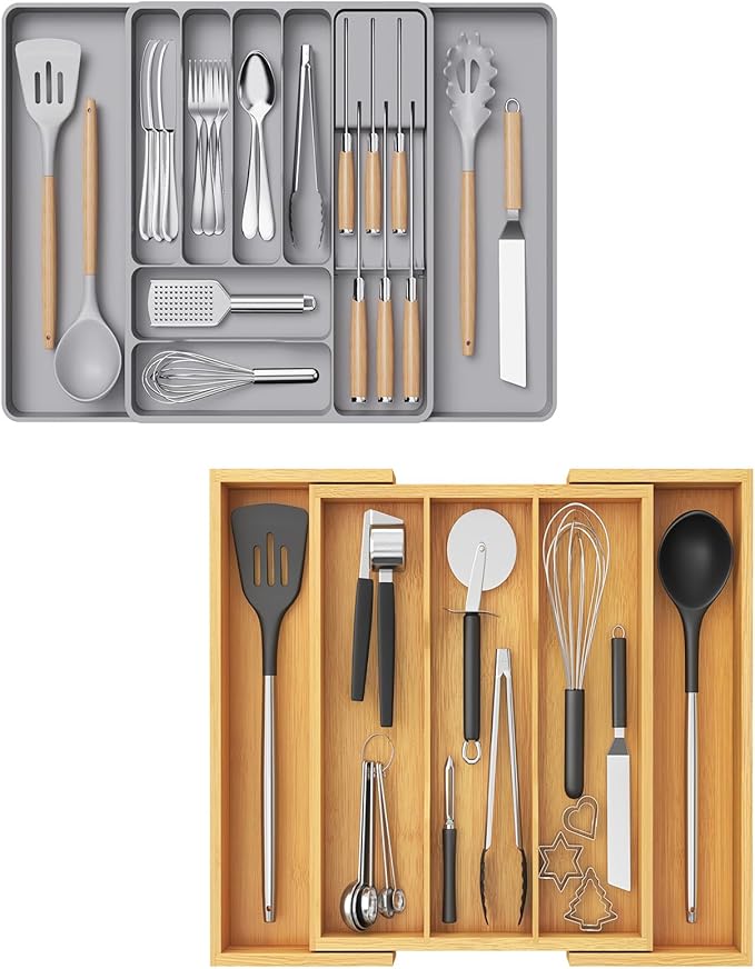 Lifewit Silverware Organizer for Kitchen Drawers, Expandable Cooking Utensil Tray, Adjustable Cutlery and Flatware Holder, Adjustable Spatula Tools and Gadgets Storage Divider