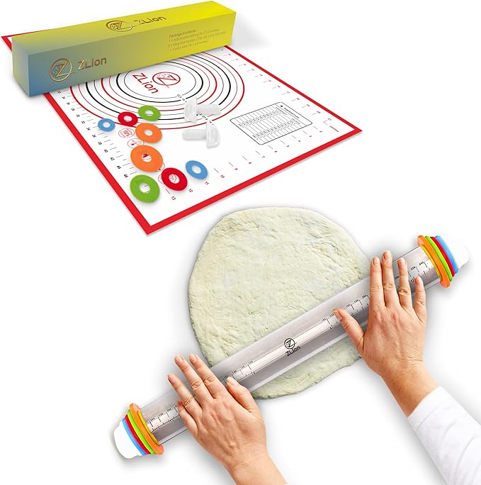 Zlion Rolling Pin with Thickness Rings – Stainless Steel and Corrosion-Resistant Adjustable rolling pin w/Silicone Pastry Mat for Baking Pizza, Dough, Pastry, Fondant, Pasta
