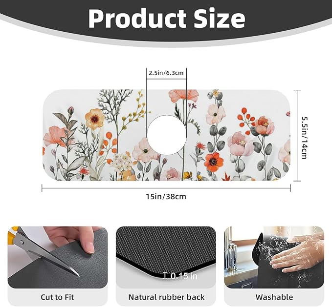 2Pcs Dish Drying Mats Faucet Mats Sets Large Size Coffee Mats Sink Faucet Mat Splash Guard for Kitchen Counter Bathroom Sink Coffee Bar Kitchen Decor (Colorful Wildflowers, 18"x24" 15" x 5.5"Set)