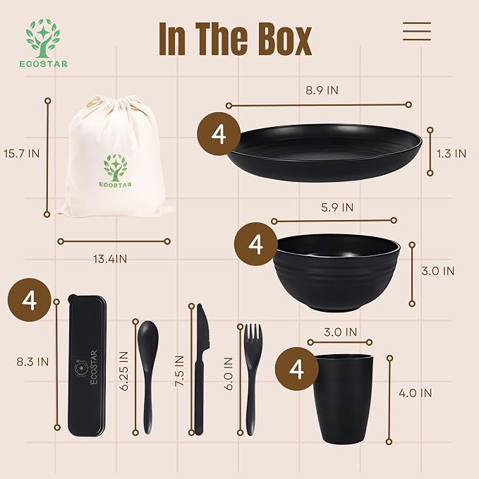 ECOSTAR Wheat Straw Dinnerware Sets Unbreakable Plates Bowls and Cups Reusable Utensils Dishwasher Microwave Safe Bowls and Plates Sets (Black)